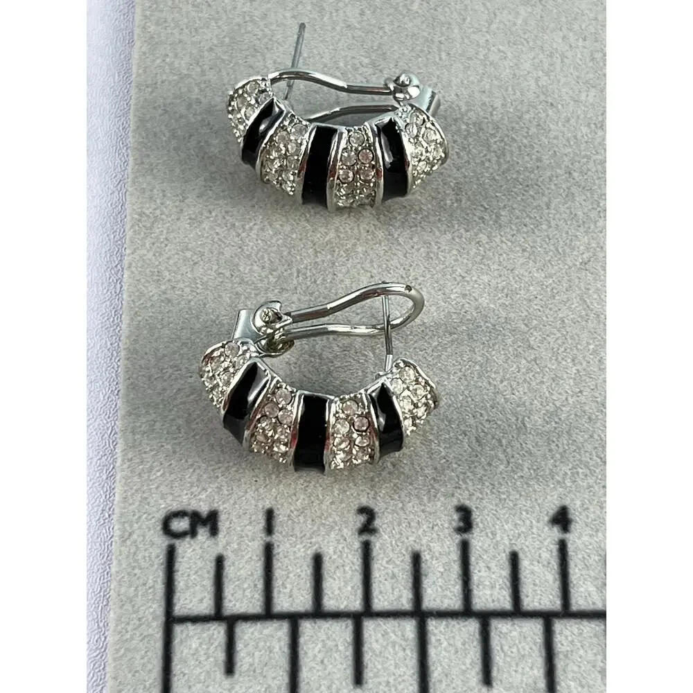 VTG 80s Black Enamel Rhinestone Half Hoop Omega Back Earrings Silver Tone Glam